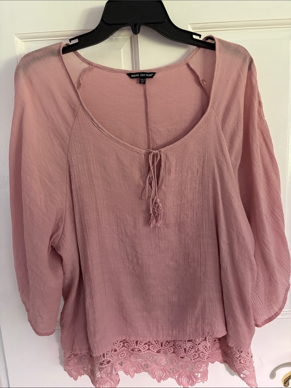 Unique Spectrum Blush Pink Tie-Front Crochet-Hem Tunic